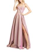 One-shoulder Sweetheart Metallic Thigh-slit Gown
