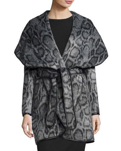 Bergen Leopard-print Faux-fur Wrap Coat, Gray