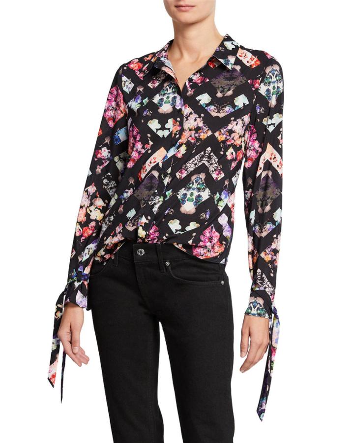 Tie-cuff Floral-print Button-down Blouse