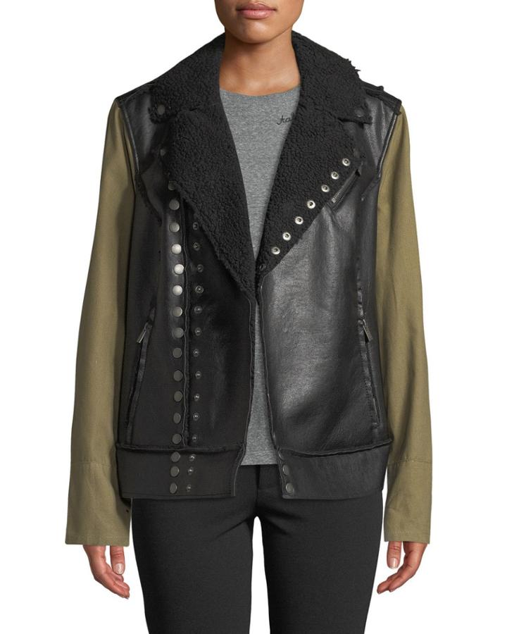 Canvas-sleeve Faux-leather Moto Jacket,