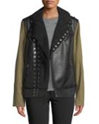 Canvas-sleeve Faux-leather Moto Jacket,