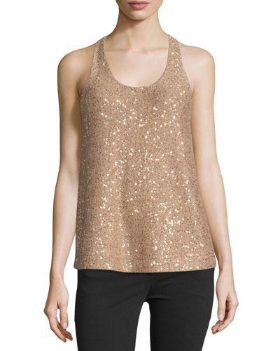 Sequined Cashmere-blend Racerback Top, Biscuit