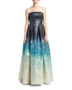 Strapless Ombr&eacute; Brocade Gown, Blue Pattern