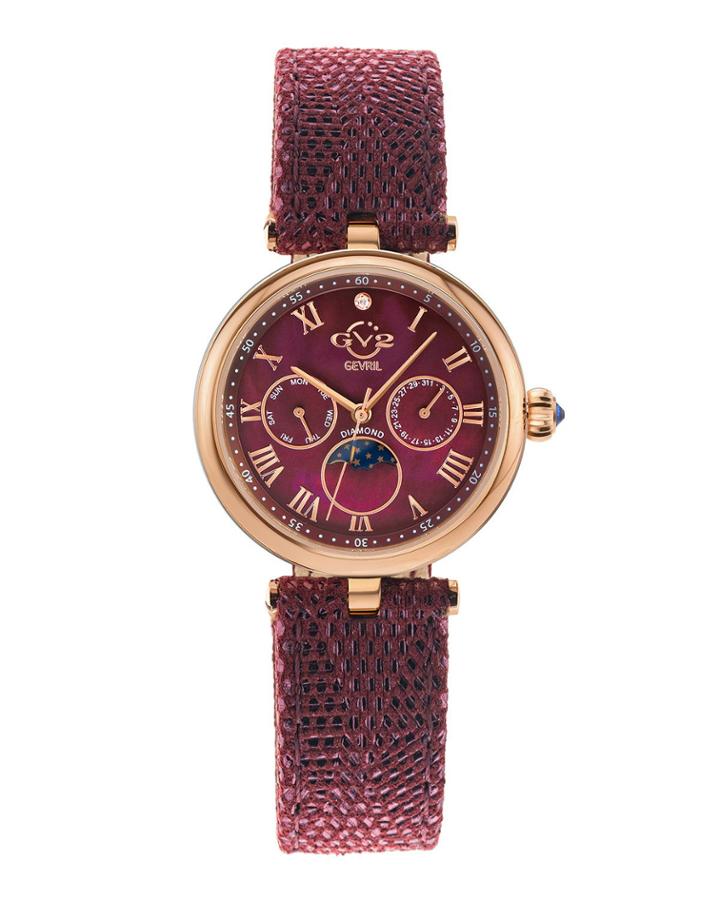 Florence Moon Phase Diamond Swiss Watch With Handmade Italian Leather Band, Red