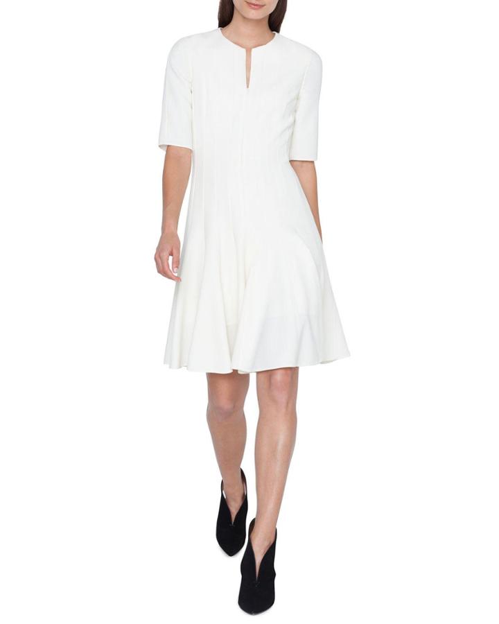 Elbow-sleeve Zip-front Pleated A-line Wool Dress