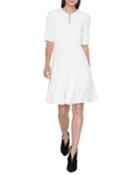 Elbow-sleeve Zip-front Pleated A-line Wool Dress
