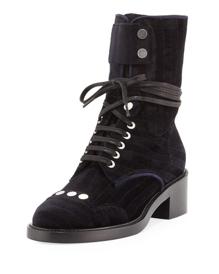 Striped Velvet Lace-up Combat Boot, Black