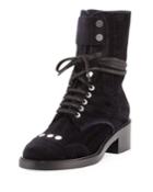 Striped Velvet Lace-up Combat Boot, Black