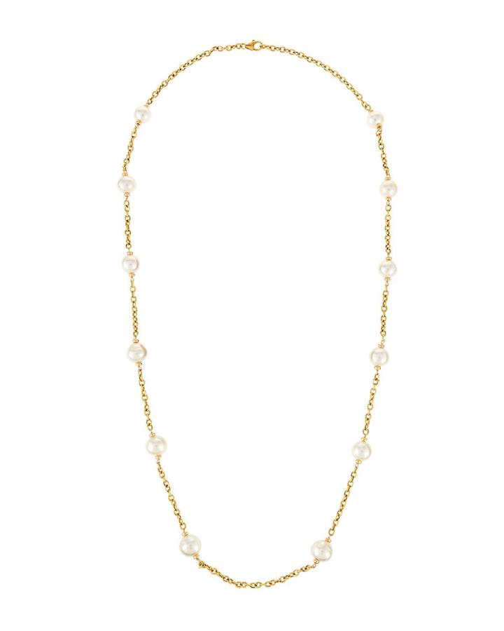14k Chain-link Pearl Long Necklace,