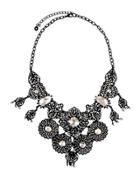 Filigree & Crystal Statement Bib Necklace, Black