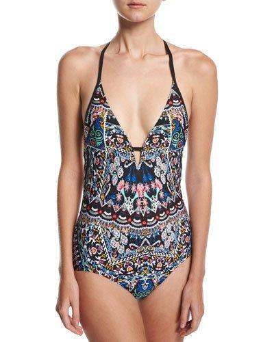Halter-neck Graphic-print One-piece Swimsuit,