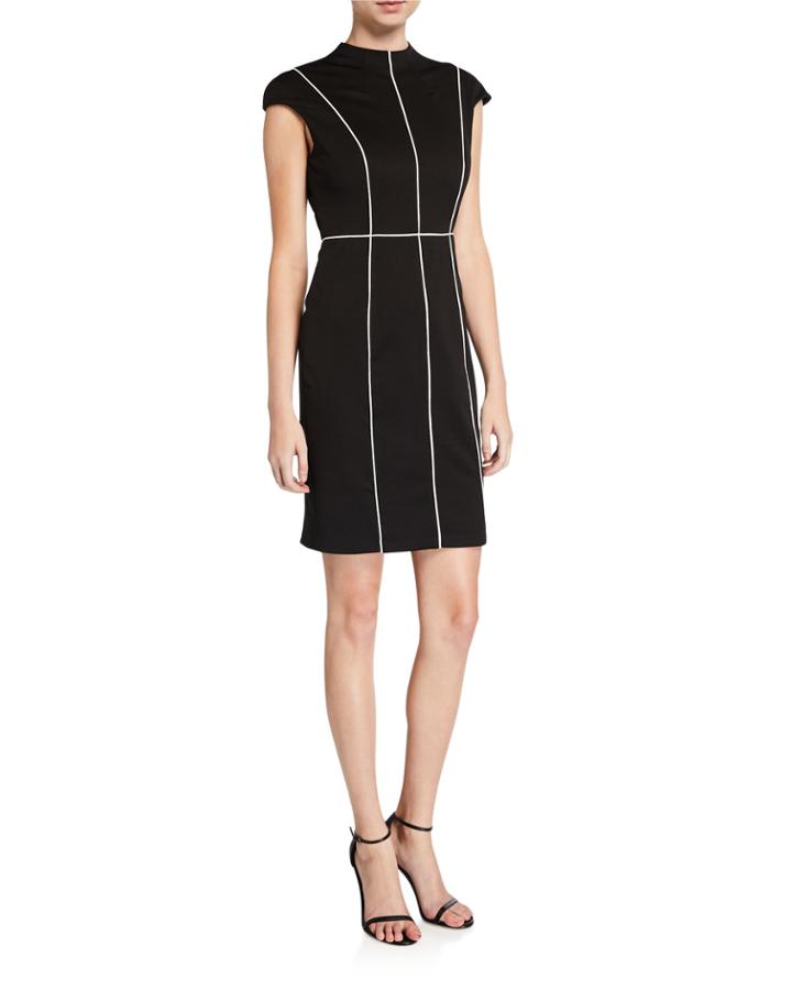 Cap-sleeve Sheath Dress W/ Piping