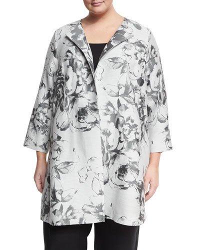 Karen Floral-jacquard Long Jacket, Gray,