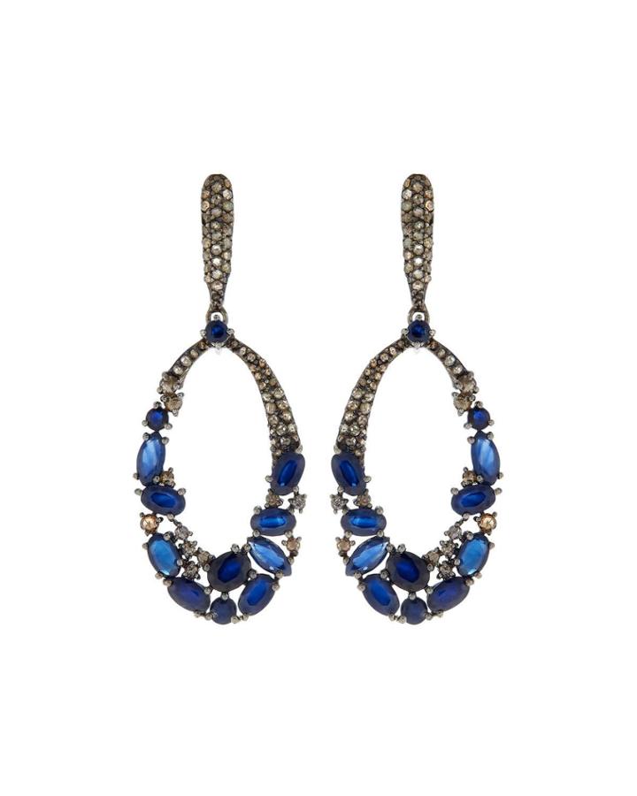 Silver Open-oval Drop Earrings With Blue Sapphire & Diamonds