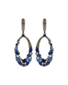 Silver Open-oval Drop Earrings With Blue Sapphire & Diamonds