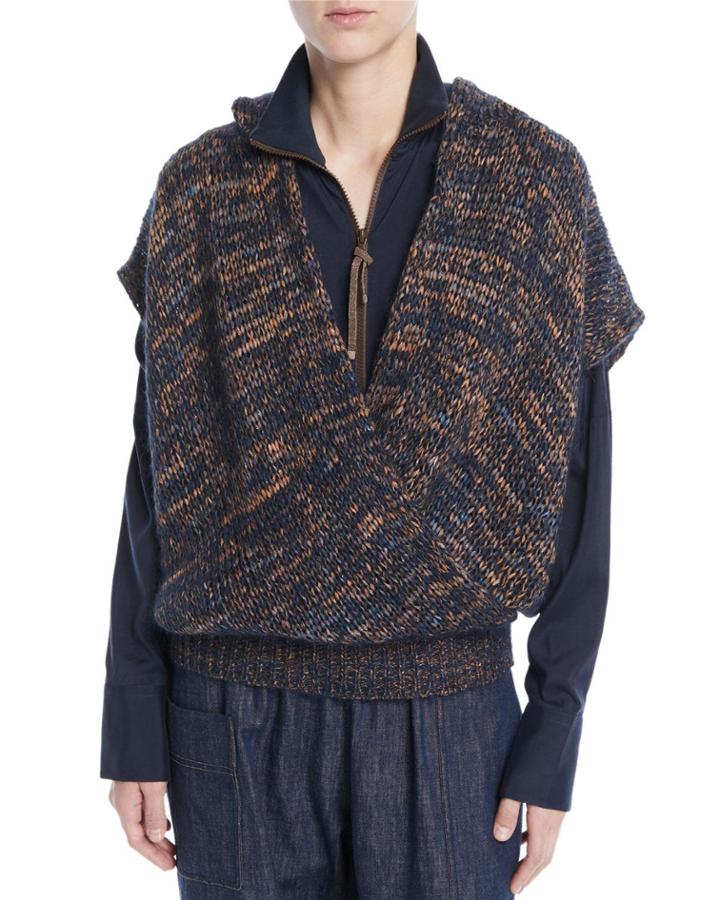 Hooded Short-sleeve Mohair-blend Crossover Top