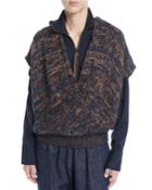 Hooded Short-sleeve Mohair-blend Crossover Top