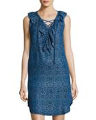 Ikat-print Sleeveless Chambray Dress, Indigo