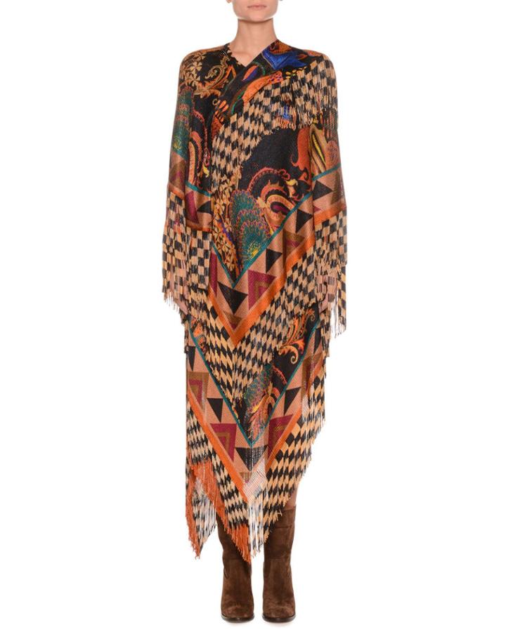 Mixed-print Long Dress W/ Fringe Hem
