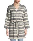 Striped Organic Cotton Bracelet-sleeve Jacket W/ Belt