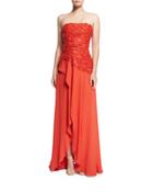 Beaded Strapless Wrap Gown, Tangerine