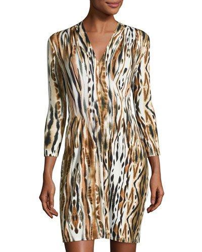 Inverted-pleat 3/4-sleeve Dress, Animal Print