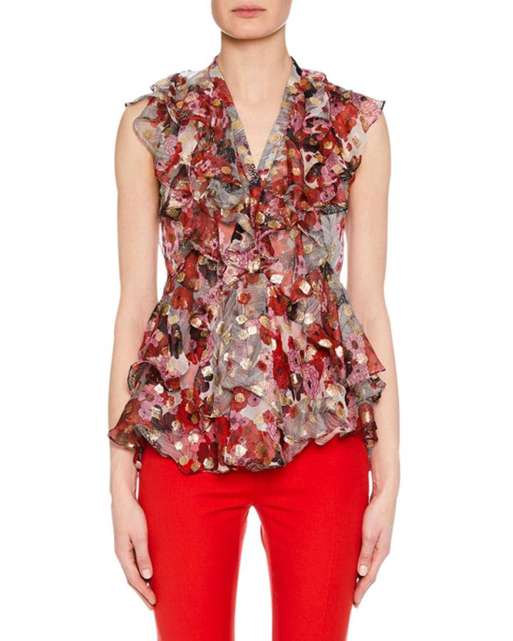 Sleeveless Feather Fil-coupe Ruffled Blouse