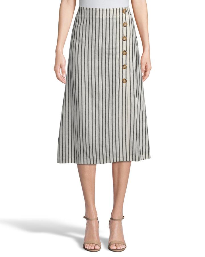 Striped Midi Skirt With Button Detail