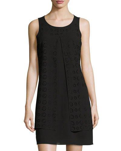 Laser-cut Chiffon Shift Dress, Black