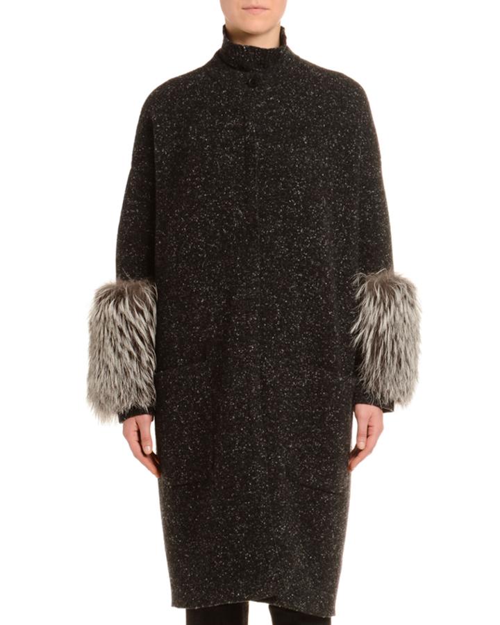 Cashmere Melange Tweed Fur-cuff Coat
