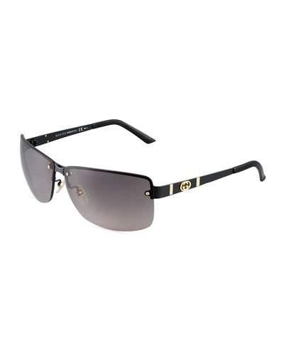 Semi-rimless Rectangular Plastic Sunglasses, Black/gold