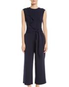 Feather Crepe Ruffled Sleeveless Tie-waist Cropped Jumpsuit