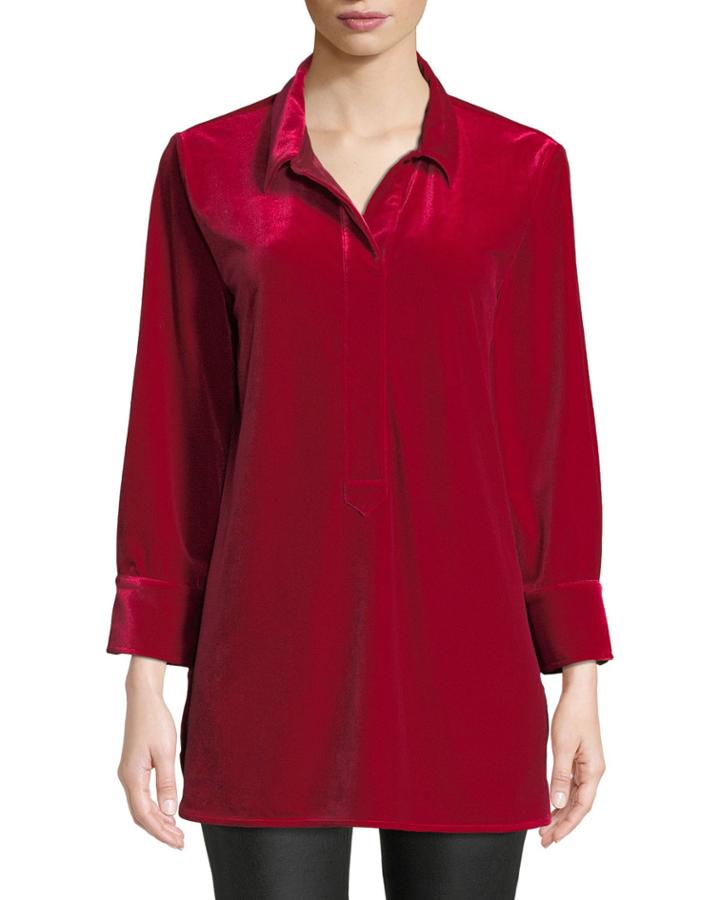 Petite 3/4-sleeve Side-slit Relaxed Velvet Tunic