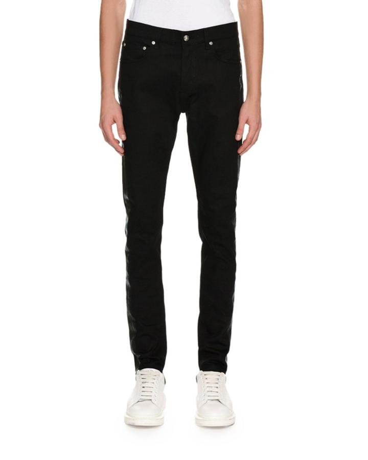 Coated-stripe Skinny Jeans, Black