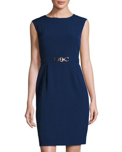 Belted Cap-sleeve Sheath Dress, Indigo