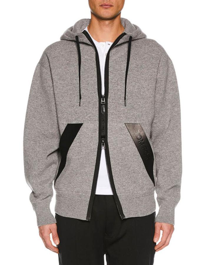 Men's Leather-trim Zip-front Hoodie