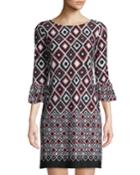 3/4-bell-sleeve Geometric-print Crepe