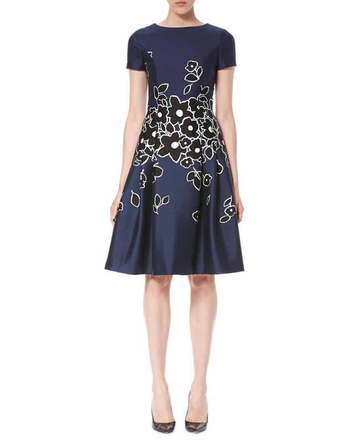 Short-sleeve Floral-embroidered Dress, Dark Navy/black