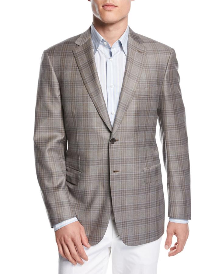 Plaid Wool Two-button Sport Coat, Taupe