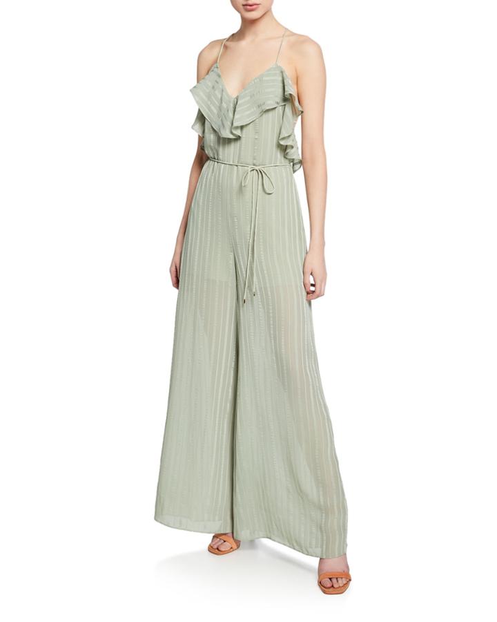 Runway Satin Stripe Tie-back Sleeveless Wide-leg Ruffle Jumpsuit