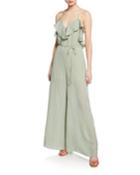 Runway Satin Stripe Tie-back Sleeveless Wide-leg Ruffle Jumpsuit