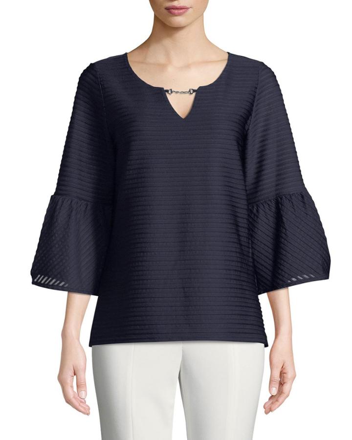 Ottoman-knit Flare-sleeve Blouse