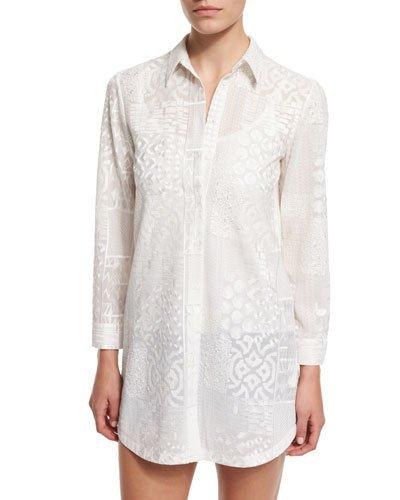 Tanisha Embroidered Button-front Tunic, White