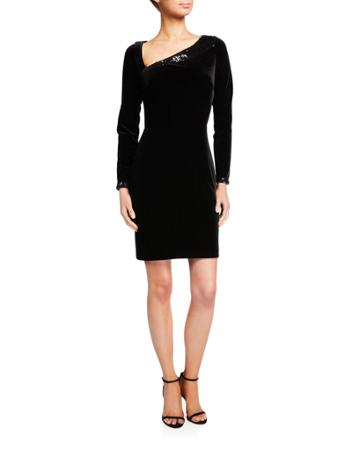 Asymmetric Long-sleeve X-back Velvet Dress With