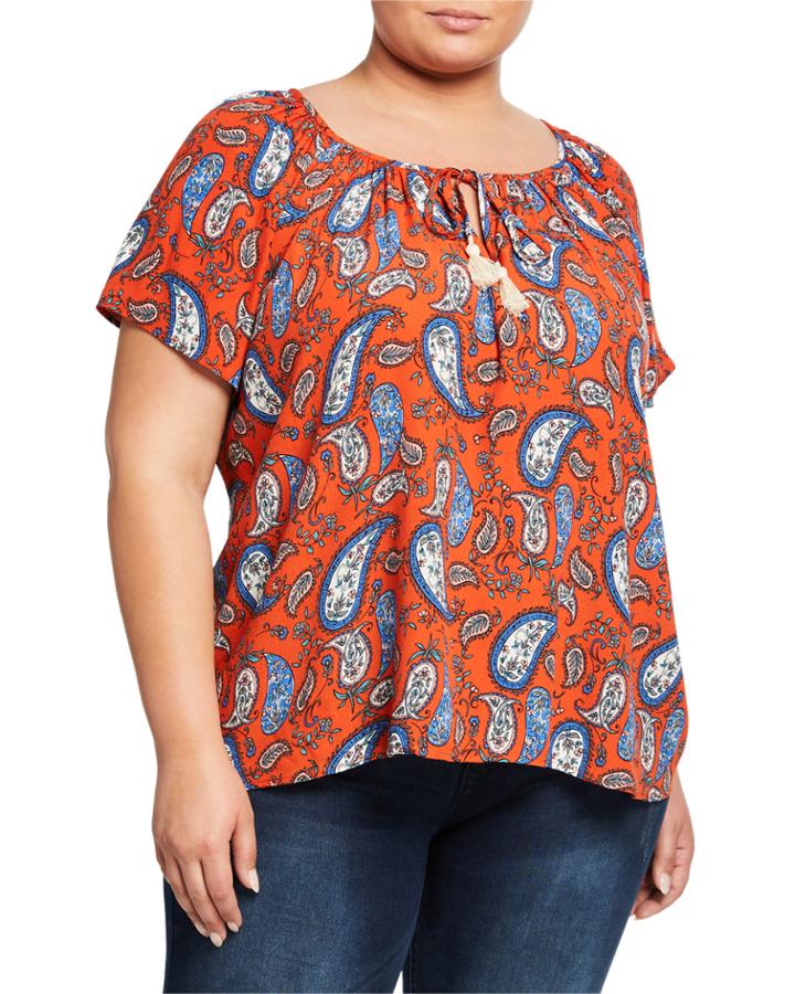 Plus Size Paisley-print Scoop-neck Short-sleeve Top W/ Tassel Tie