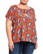 Plus Size Paisley-print Scoop-neck Short-sleeve Top W/ Tassel Tie