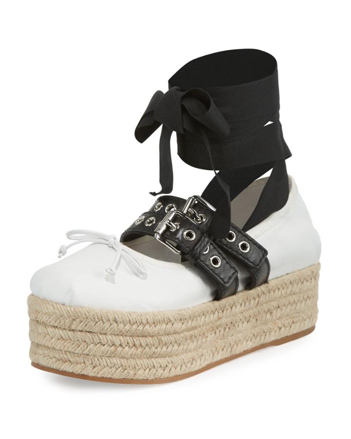 Ankle-wrap Platform Espadrille Flat, Bianco/nero