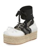 Ankle-wrap Platform Espadrille Flat, Bianco/nero