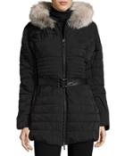 Fur-trim Hood Puffer Jacket, Black