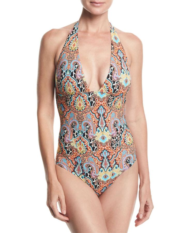 Printed Plunging One-piece Halter